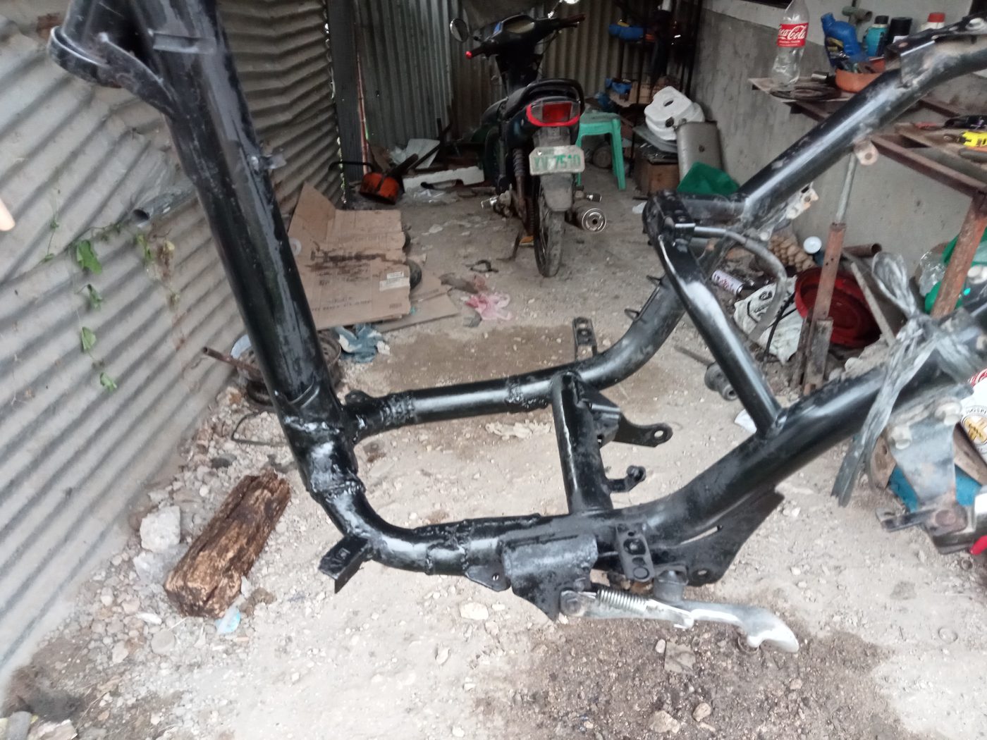 Repaired and repainted motorcycle chassis